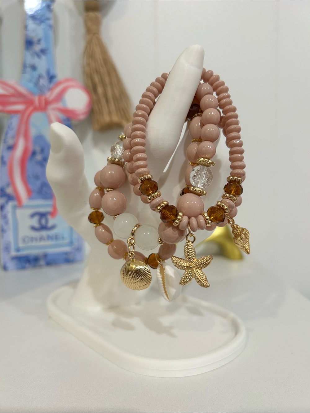 Beige-Pink Glass Bead Seashell Charm Stretch Bracelet Stack of 4